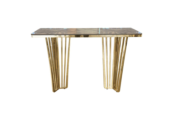 Serena console table with polished gold frame and grey marble top.