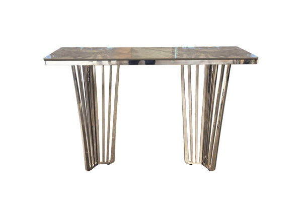 Serena console table with polished silver frame and grey marble top.