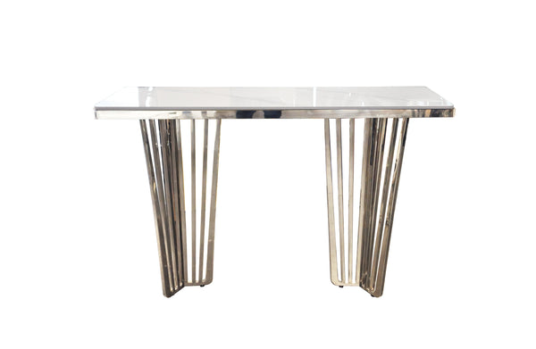 Serena console table with polished silver frame and white marble top.