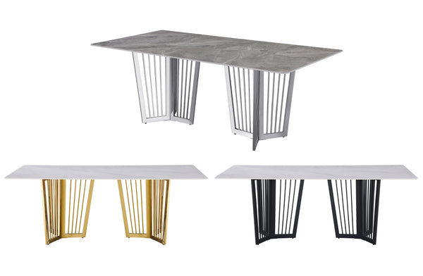Serena Dining Table collection with gold, silver, and black frames in marble top options.