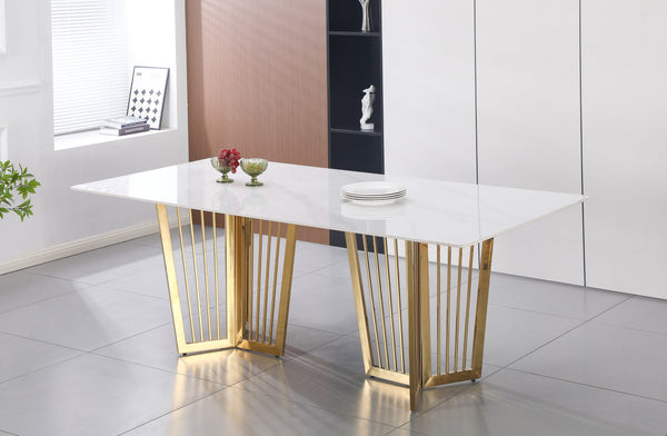 Serena Dining Table gold frame styled in modern dining room with elegant décor accents.