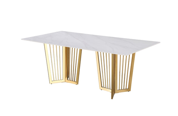 Serena Dining Table with polished gold stainless frame and elegant white marble top design.
