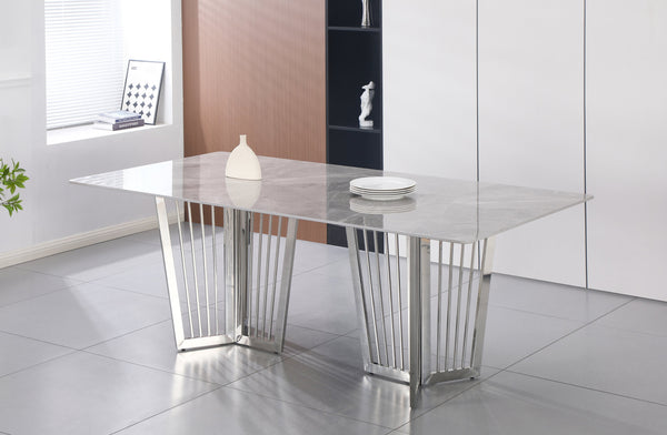erena Dining Table silver stainless frame paired with elegant grey marble stone top.