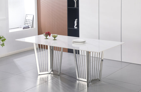 Serena Dining Table polished silver stainless frame with luxurious white marble top centerpiece.