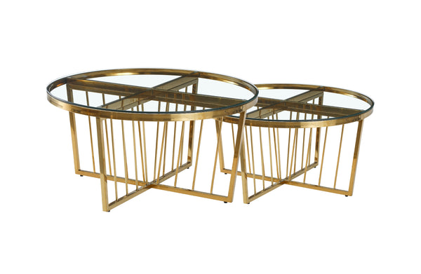Serena coffee table in gold polished frame with clear tempered glass top, contemporary glamour.