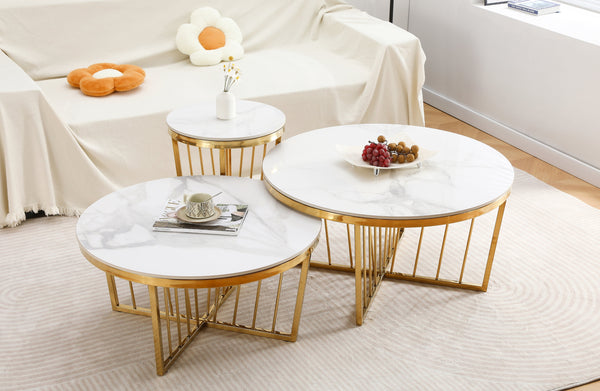 Serena gold polished frame coffee and side table set with luxurious marble tops.
