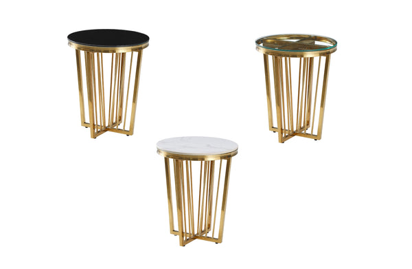 Serena gold frame side tables shown in black glass, clear glass, and marble tops.