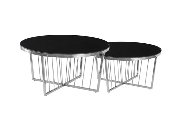 Serena coffee table in polished silver frame with black tempered glass top, bold stylish design.