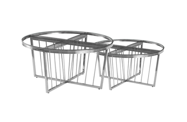 Serena coffee table with polished silver frame and clear tempered glass top, modern elegance.