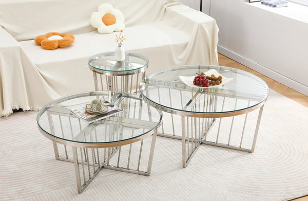 Serena silver polished frame coffee and side table set with tempered glass tops.