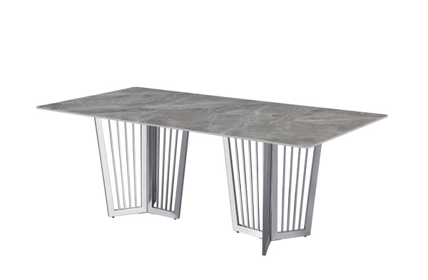 Serena Dining Table silver stainless frame paired with elegant grey marble stone top.