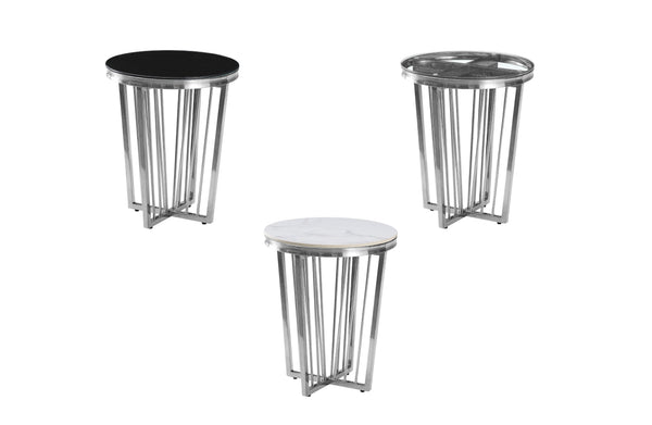 Serena silver frame side tables with black glass, clear glass, and white marble tops.