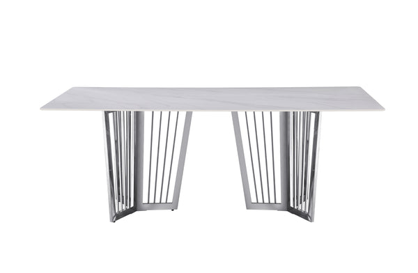 Serena Dining Table with polished silver stainless frame and elegant white marble stone top.