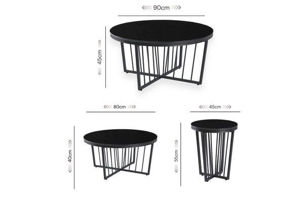 Serena coffee and side table dimension guide showing large, medium, and side table sizes with glass top.