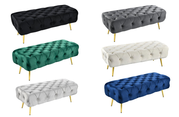 Shirley Ottoman collection with gold frame, button-tufted velvet design, available in six elegant colors.