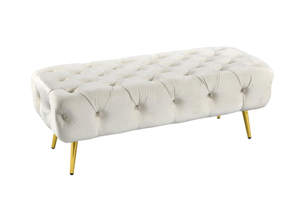 Beige Shirley Ottoman with gold polished frame and tufted velvet cushion for versatile style.