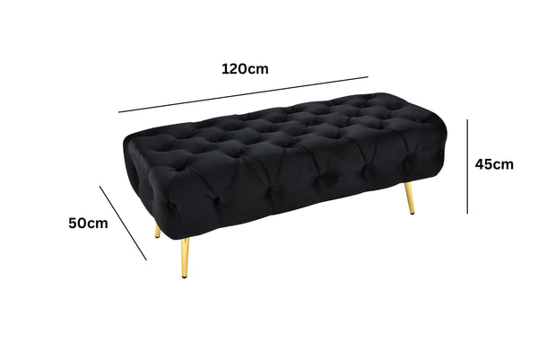 Black Shirley Ottoman with gold frame shown with dimensions 120cm x 50cm x 45cm.