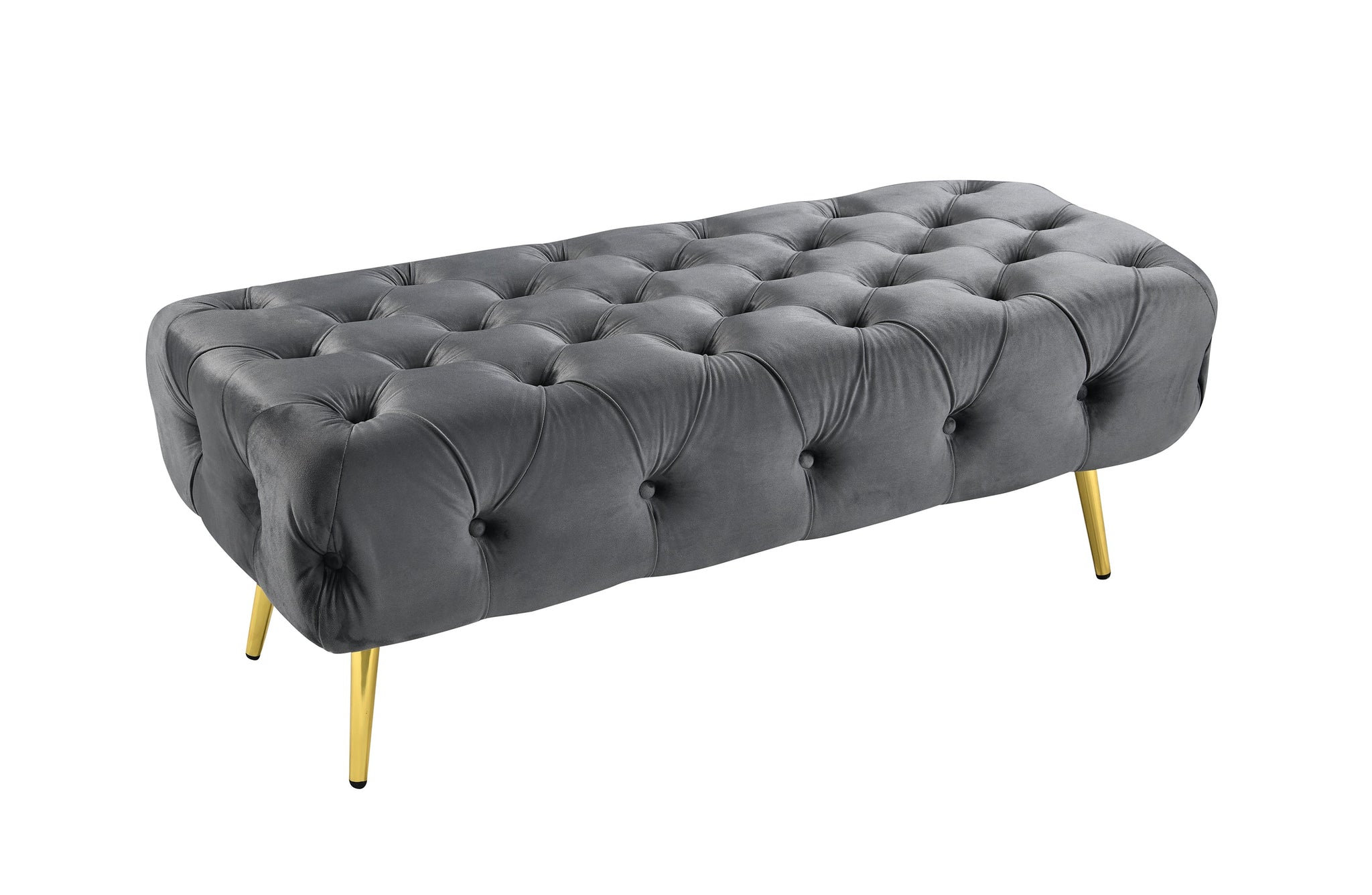 Dark Grey Shirley Ottoman featuring a sturdy gold frame and tufted velvet cushioned top.