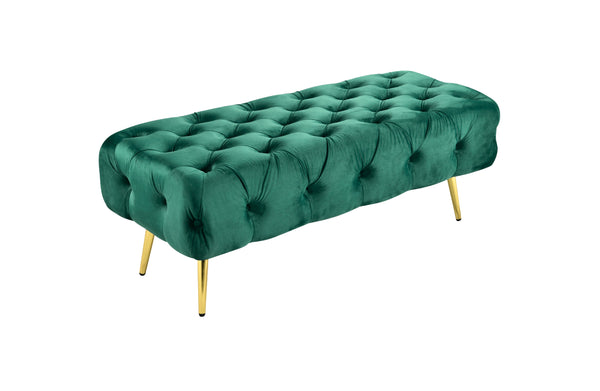 Green Shirley Ottoman with gold frame and tufted velvet seating, stylish statement furniture piece