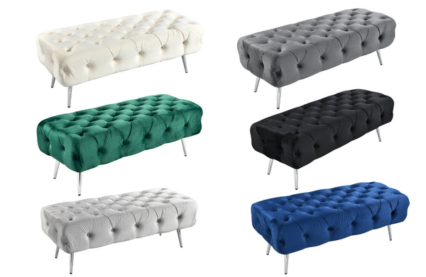 Shirley Ottoman collection with silver frame, button-tufted velvet design, available in six stylish colours