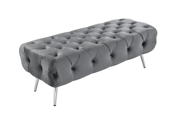 Dark Grey Shirley Ottoman with silver polished legs and tufted velvet top design