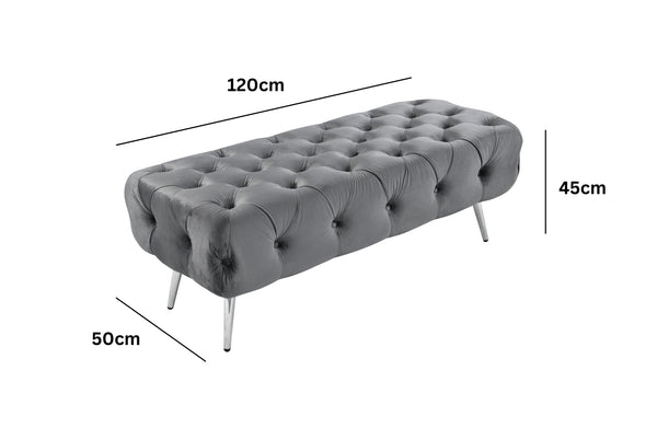 Dark Grey Shirley Ottoman with silver frame shown with dimensions 120cm x 50cm x 45cm