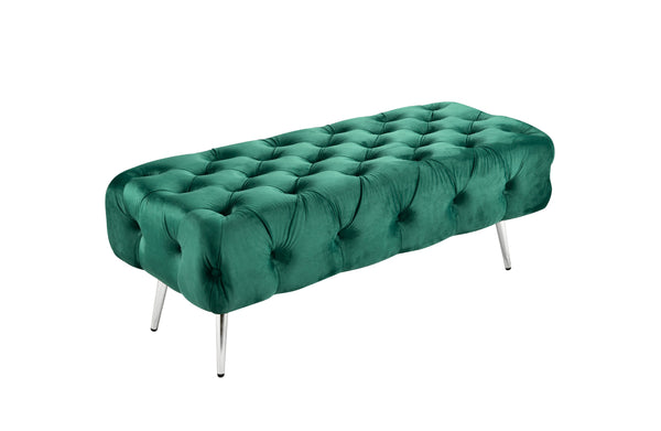 Green Shirley Ottoman with silver polished legs and tufted velvet finish for elegant décor