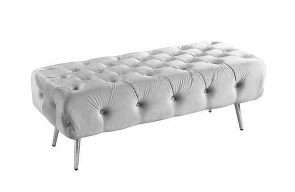 Light Grey Shirley Ottoman with silver frame and tufted velvet cushion for chic interiors