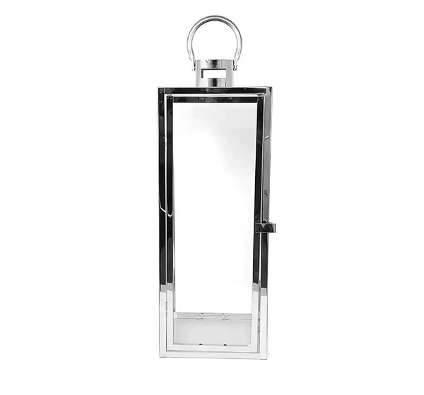 Sleek large silver lantern with modern glass frame design.