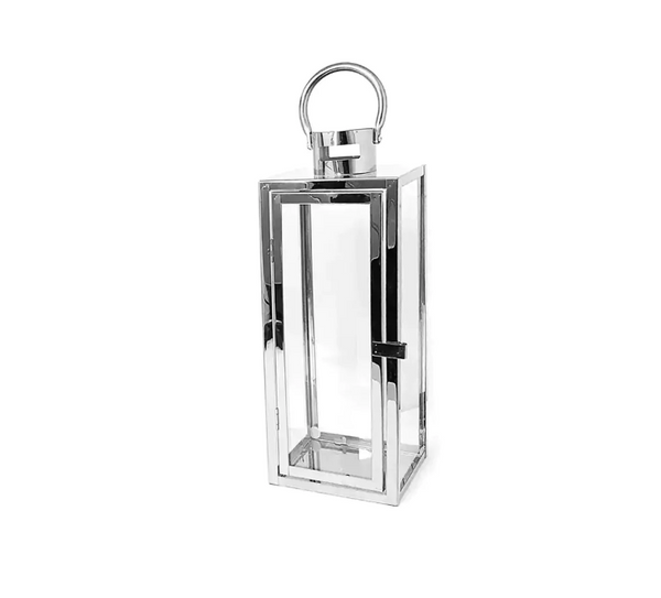 Timeless medium silver metal lantern with a mirrored finish.