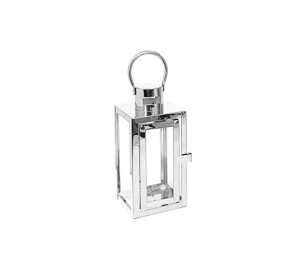Compact silver lantern with a polished look for ambient lighting.
