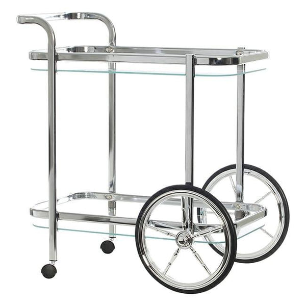 Modern silver bar cart with clear glass and stylish cart wheels.