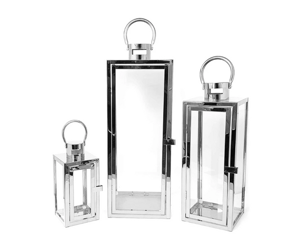 Sleek trio of silver lanterns combining modern charm and classic design.