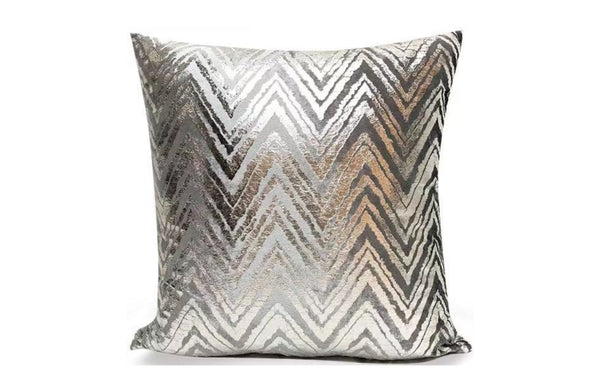 Silver Zig Zag Designer Cushion with metallic textured chevron pattern, 45x45cm modern accent pillow