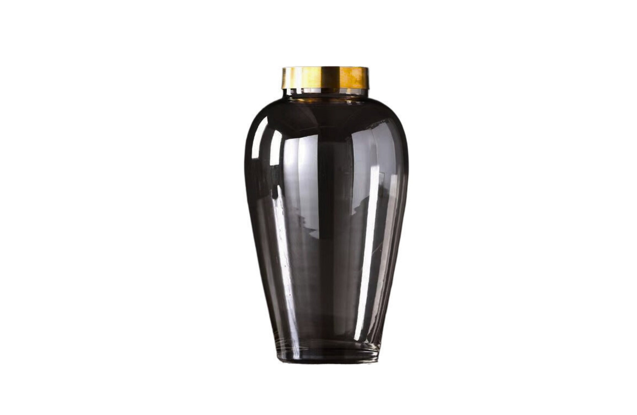 Tall smoked glass vase with a gold tip, ideal as a modern statement piece.