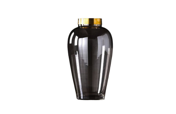 Tall smoked glass vase with a gold tip, ideal as a modern statement piece.