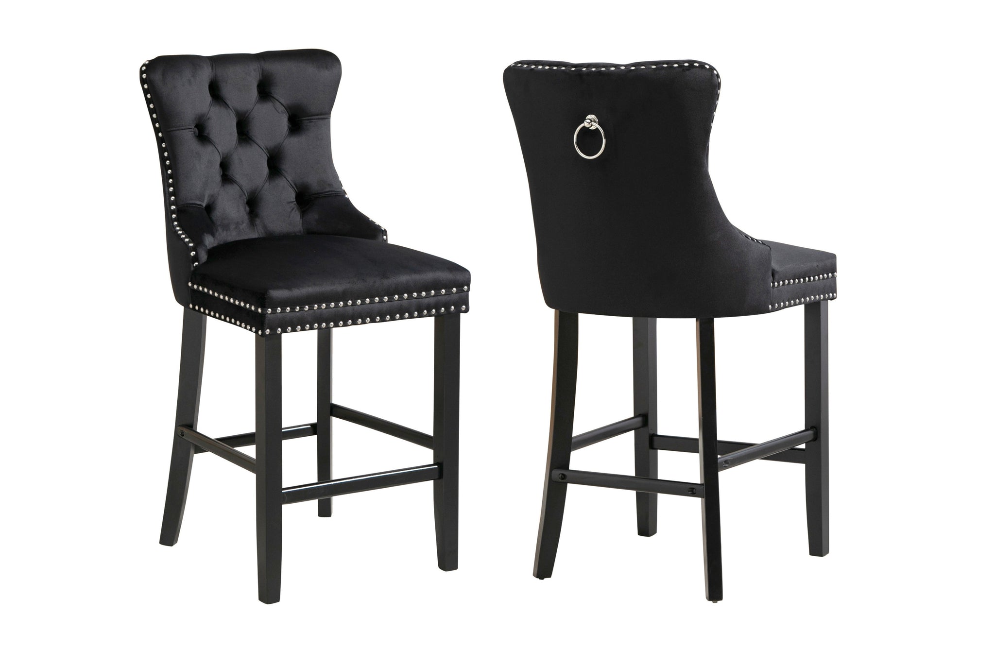 Pair of black velvet Sorrento bar stools with tufted design and wooden legs