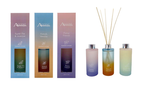 Sunset Diffuser set of 3 in French Vanilla, Peony Freesia, and Sweet Pea & Jasmine – 200ML fragrance bottles with gradient pastel glass and reed sticks.
