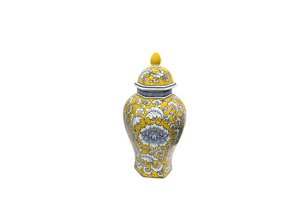 Stylish small yellow ceramic urn with blue floral detailing, perfect for decorative accent displays.