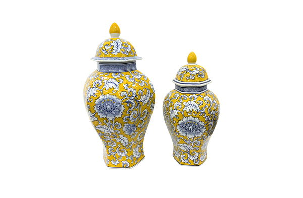 Elegant yellow and blue ceramic urns in large and small sizes, perfect for vibrant décor styling.