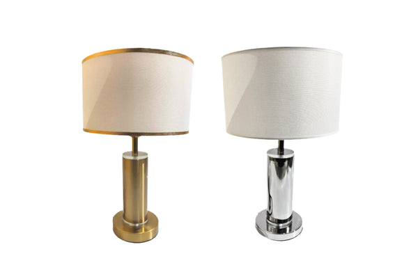 Tiffany Table Lamp collection with gold and silver base options paired with white fabric shades