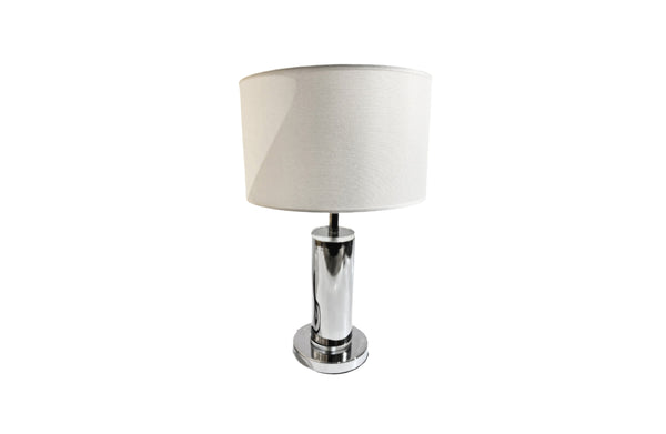 Tiffany Table Lamp with silver base and white fabric shade, modern elegant lighting piece
