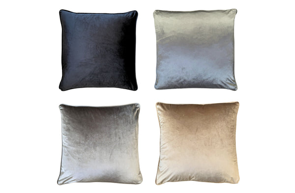 Glossy velvet cushions in black grey bronze and mocha tones