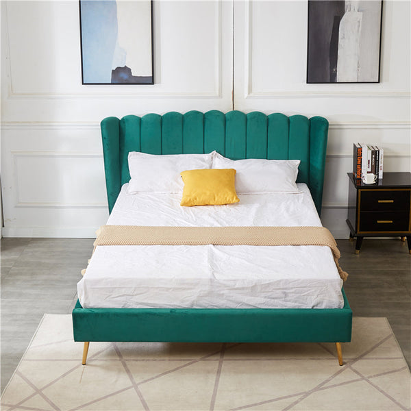 Front view of Vienna Velvet Bed in rich peacock green with golden legs design.