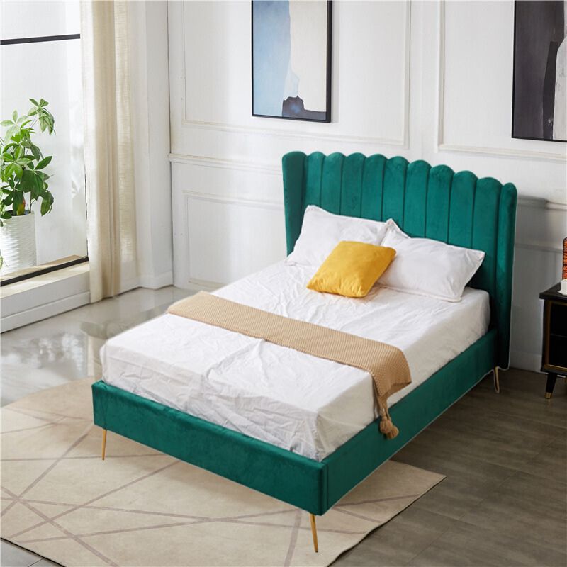 Stylish Vienna Velvet Bed in peacock green displayed in a modern bedroom interior.