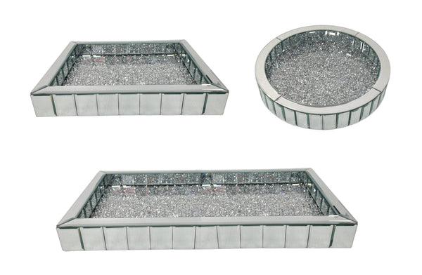 Luxurious set of 3 bevelled mirror trays with diamond trim, perfect for displaying perfumes, jewellery, or candles on vanities and coffee tables.