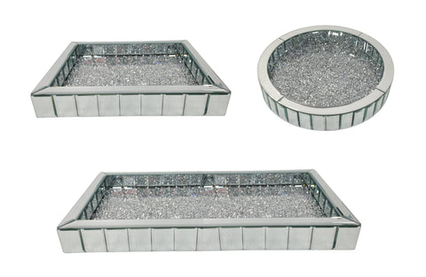 Luxurious set of 3 bevelled mirror trays with diamond trim, perfect for displaying perfumes, jewellery, or candles on vanities and coffee tables.