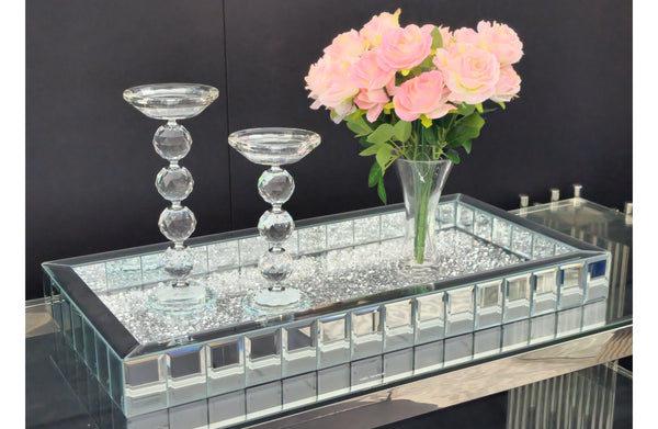  Stylish rectangular Vogue Diamond Tray featuring diamond-studded edging and bevelled mirrored base – perfect for perfumes, candles, or display.