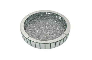 Round Vogue Diamond Tray with dazzling diamond embellishments and bevelled mirror – a luxurious centerpiece for any table or vanity.
