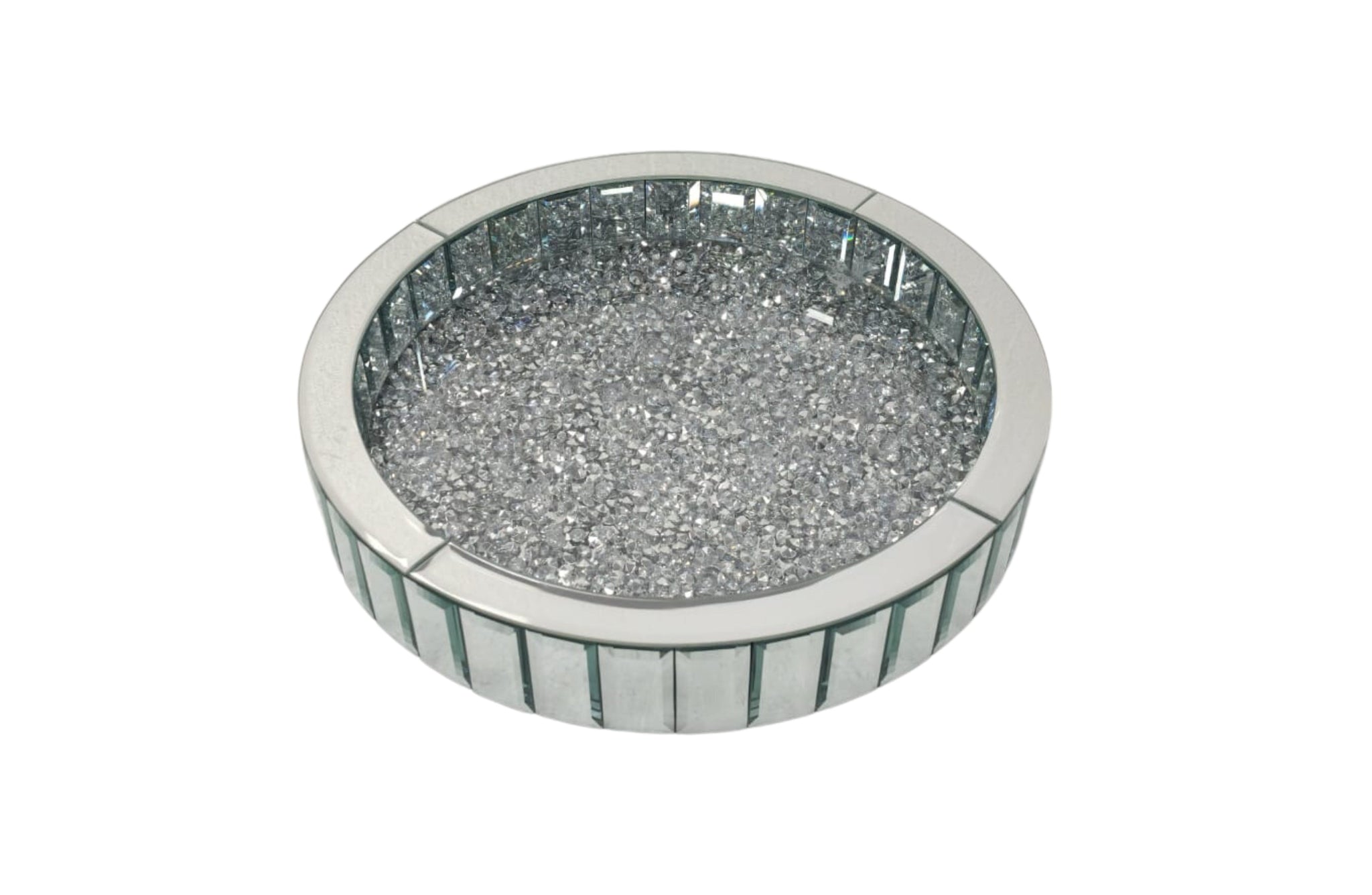 Round Vogue Diamond Tray with dazzling diamond embellishments and bevelled mirror – a luxurious centerpiece for any table or vanity.